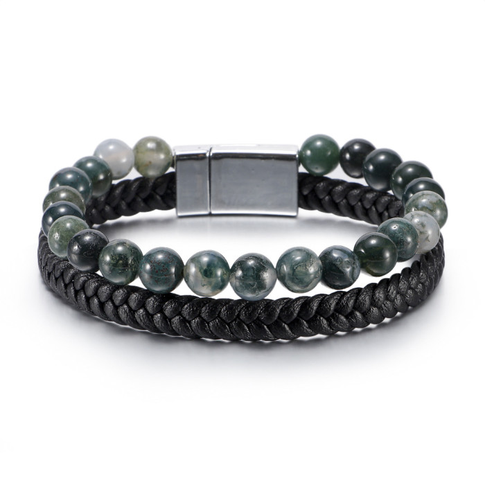 European and American Cross-Border Simple Leather Tiger Eye Beaded Natural Stone Bracelet Wholesale European and American Men's Cowhide Rope Agate Bracelet