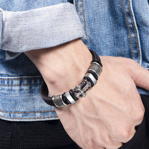 Fashion Simple Leather Woven Bracelet Metal Cross Men's Bracelet European and American Retro Style Alloy Magnetic Clasp Jewelry