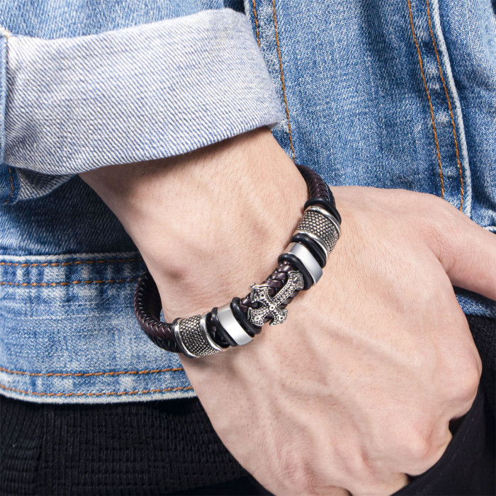 Fashion Simple Leather Woven Bracelet Metal Cross Men's Bracelet Retro Style Alloy Magnetic Clasp Jewelry