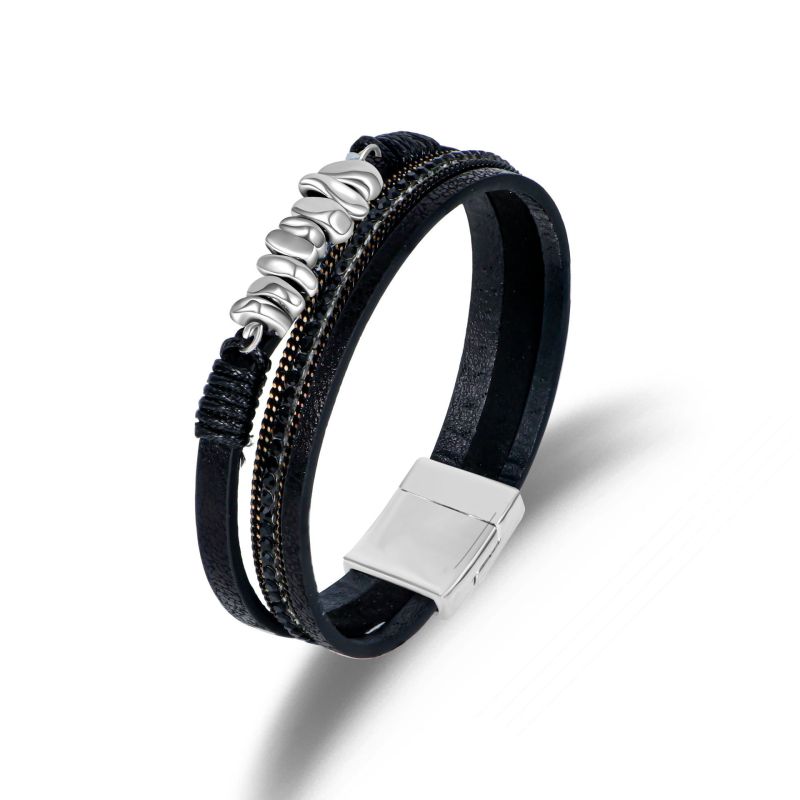 Cross-Border New Multi-Layer Leather Bracelet Alloy Magnet Buckle Bracelet Women's Fashion Matching Metal Beaded Hand Accessories