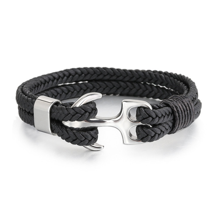 Retro Stainless Steel Men's Bracelet Multi-Layer Leather Microfiber Woven Titanium Steel Anchor Magnetic Bracelet Jew...