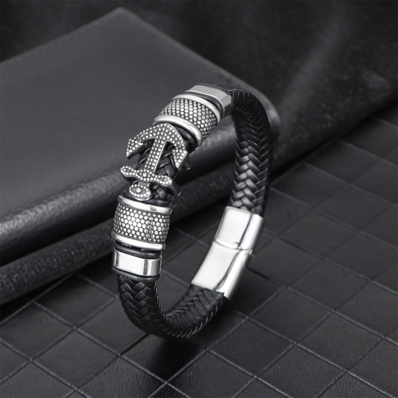 European and American Fashion New Classic Retro Multi-layer Woven Leather Bracelet Men's Stainless Steel Anchor Leather Bracelet Wholesale