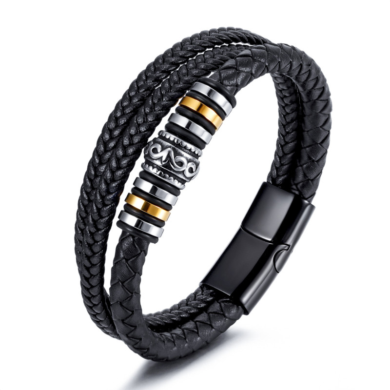 Cross-Border Foreign Trade Ethnic Style Jewelry Stainless Steel Bracelet Men's Multi-Layer Braided Leather Rope Titanium Steel Magnetic Clasp Bracelet Wholesale