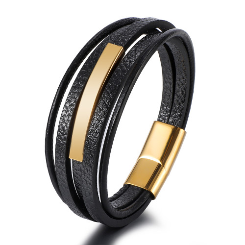 Amazon Hot Sale Stainless Steel Multi-layer Braided Leather Bracelet for Men Hip-hop Trend Titanium Steel Magnetic Clasp Leather Bracelet