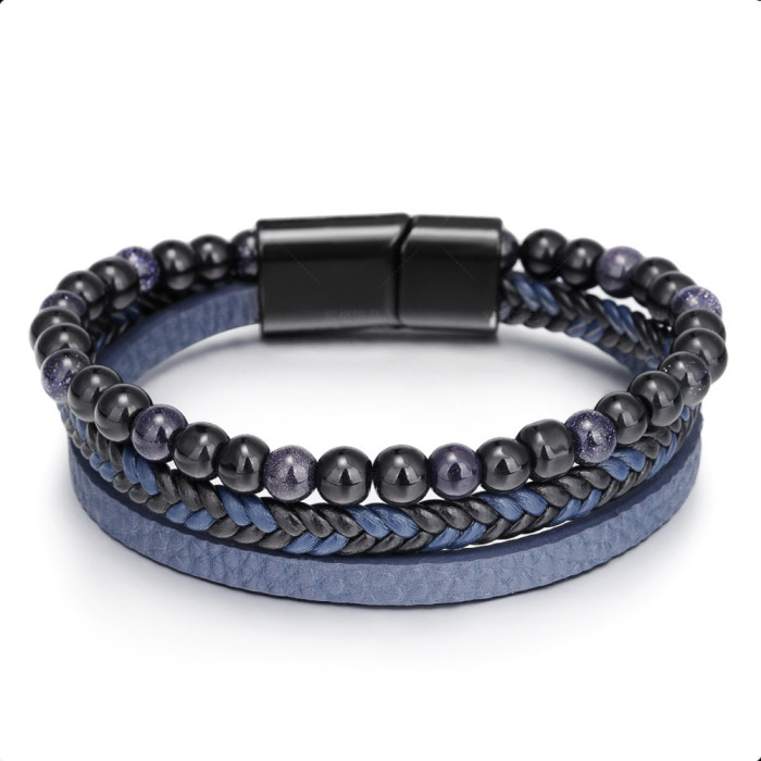 Simple Handwoven Leather Natural Tiger Eye Stone Bracelet Handwoven Volcanic Stone Beaded Men's Bracelet in Stock