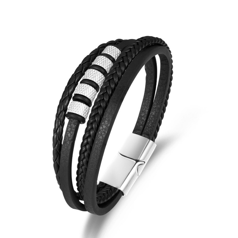Simple Fashion Handmade Woven Zinc Alloy Silver Bead Leather Bracelet Wholesale Cross-Border Eco-Friendly PU Leather Bracelet