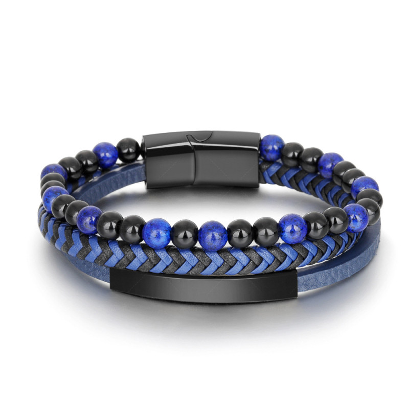 Cross-Border Leather Rope Natural Stone Volcanic Stone Stainless Steel Men's Bracelet European and American Style Titanium Steel Jewelry