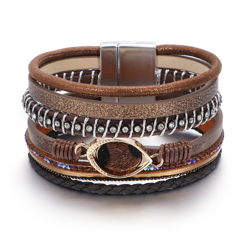Cross-Border Ethnic Style Hand-Woven Multi-Layer Leather Eye Leopard Print Bracelet for Women with Magnetic Clasp Jewelry
