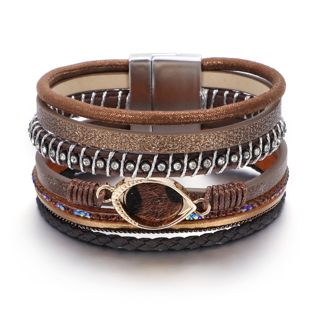 Ethnic Style Hand-Woven Multi-Layer Leather Eye Leopard Print Bracelet for Women with Magnetic Clasp Jewelry