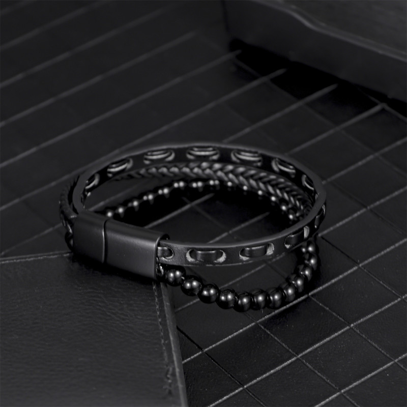 New Fashion Woven Leather Bracelet Simple Men's Black Gallstone Bracelet European and American Style Men's Alloy Magnetic Clasp Jewelry