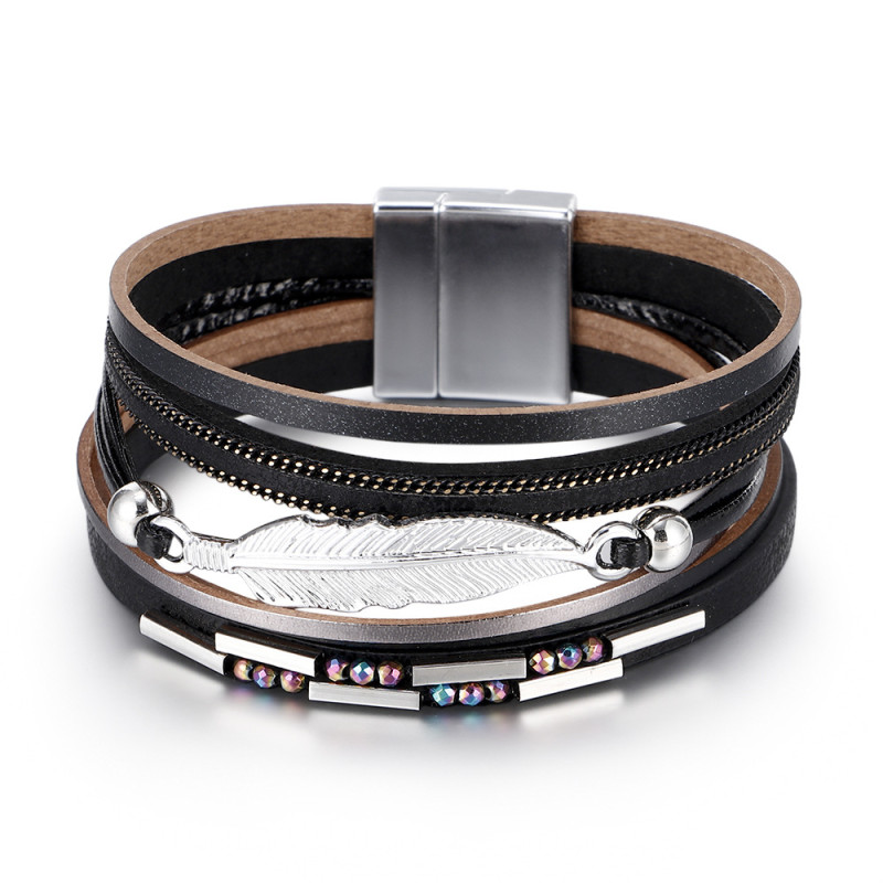 Amazon Hot Selling Handmade Woven Women's Feather Bracelet Wholesale Bohemian Multi-layer Leather Design Bracelet