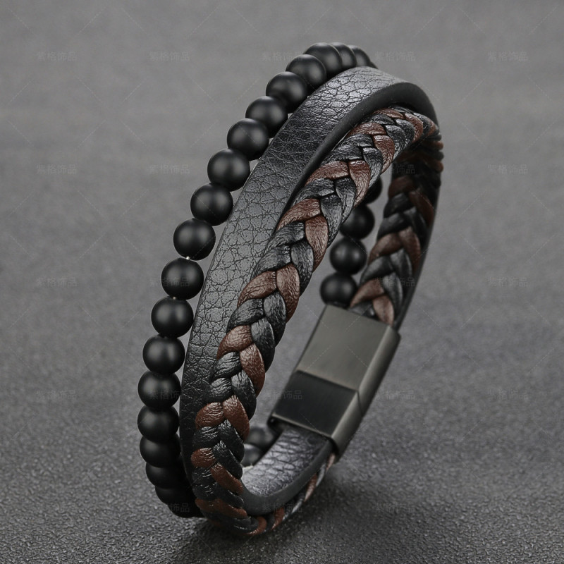 Cross-Border New Natural Frosted Beads Stainless Steel Leather Bracelet Titanium Steel Men's Jewelry Beaded Hand Accessories European and American Accessories