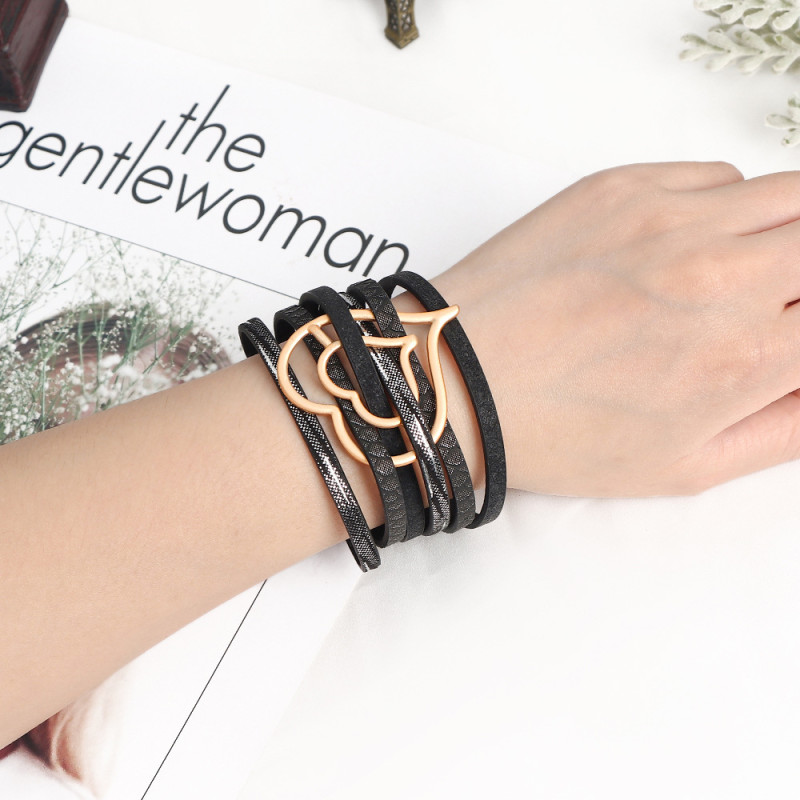 Cross-Border New Multi-Layer PU Leather Heart Bracelet for Women, European and American Style Fashion Alloy Leather Bangle Accessories In Stock