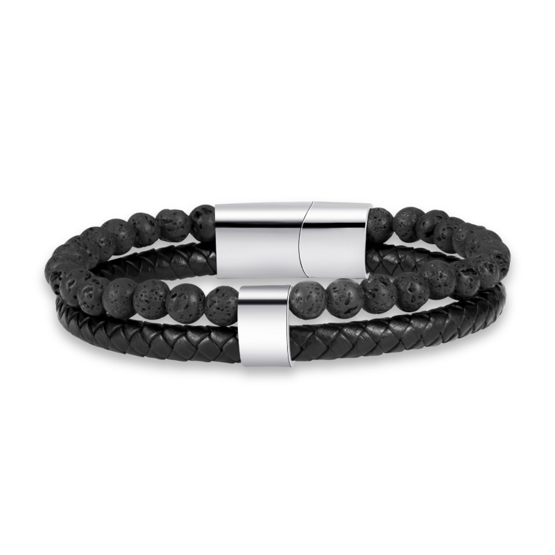 Cross-Border Hot Sale Stainless Steel Handmade Volcanic Natural Stone Beaded Bracelet Punk Style Men's Versatile Bracelet Wholesale