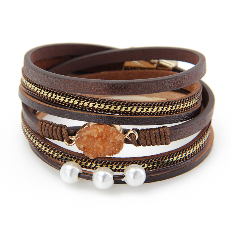 Cross-Border New Product Magnetic Titanium Alloy Leather Rope Woven Pearl Crushed Stone Women's Bracelet Accessories European and American Jewelry Bangle