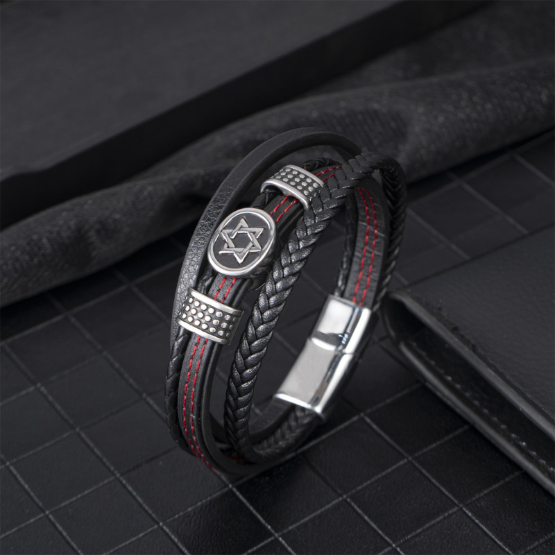 European and American Fashion OL Trendy Men's Multi-layer Braided Leather Bracelet Titanium Steel Hexagram Leather Bracelet Versatile Men's Jewelry