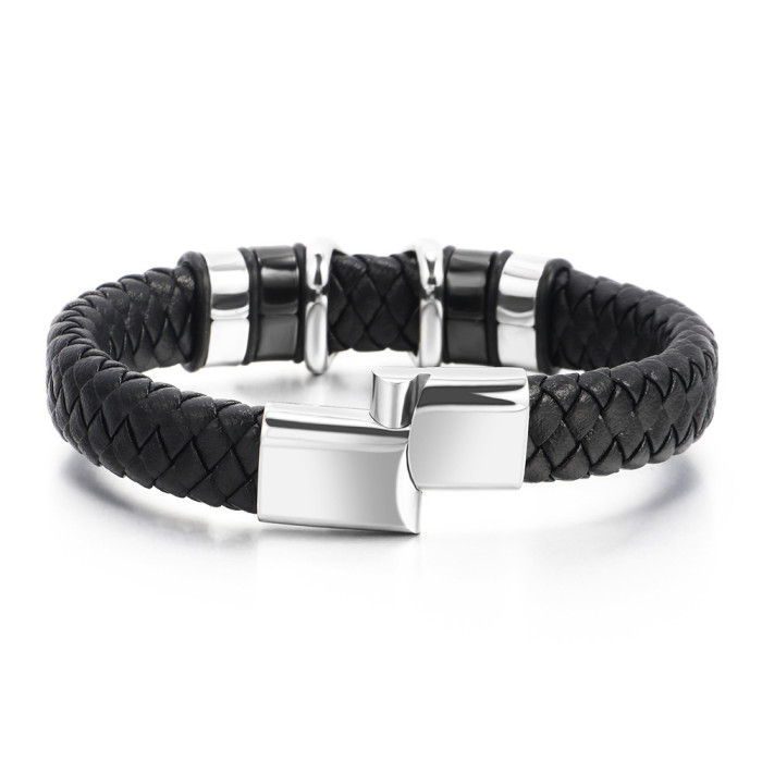 New Retro Letter X Stainless Steel Leather Woven Bracelet Fashion Men's Titanium Steel Bangle Jewelry in Stock