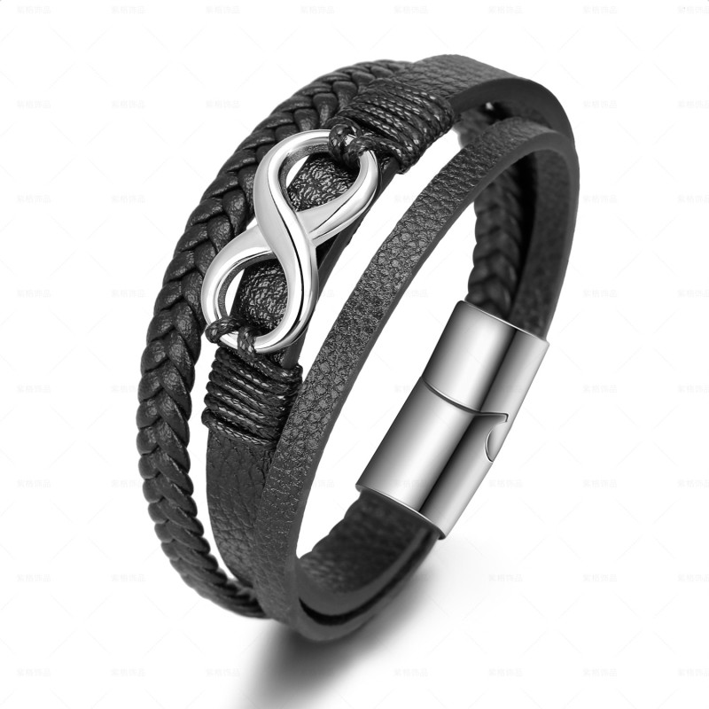Cross-Border Hot Sale Handmade Braided Rope Cowhide 8-Shaped Magnetic Clasp Stainless Steel Men's Bracelet European and American Style Titanium Steel Bangle