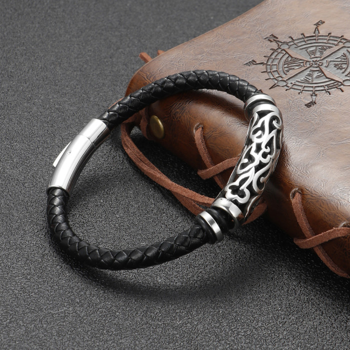 Amazon New Retro Style Stainless Steel Hollow Carved Leather Men's Bracelet Woven Titanium Steel Viking Bracelet