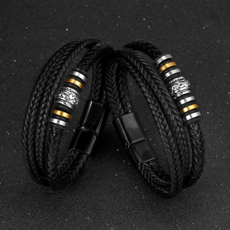 Amazon Cross-Border Handmade Three-Layer Woven European and American Style Leather Bracelet Men's Fashion Alloy Beaded Bracelet Wholesale