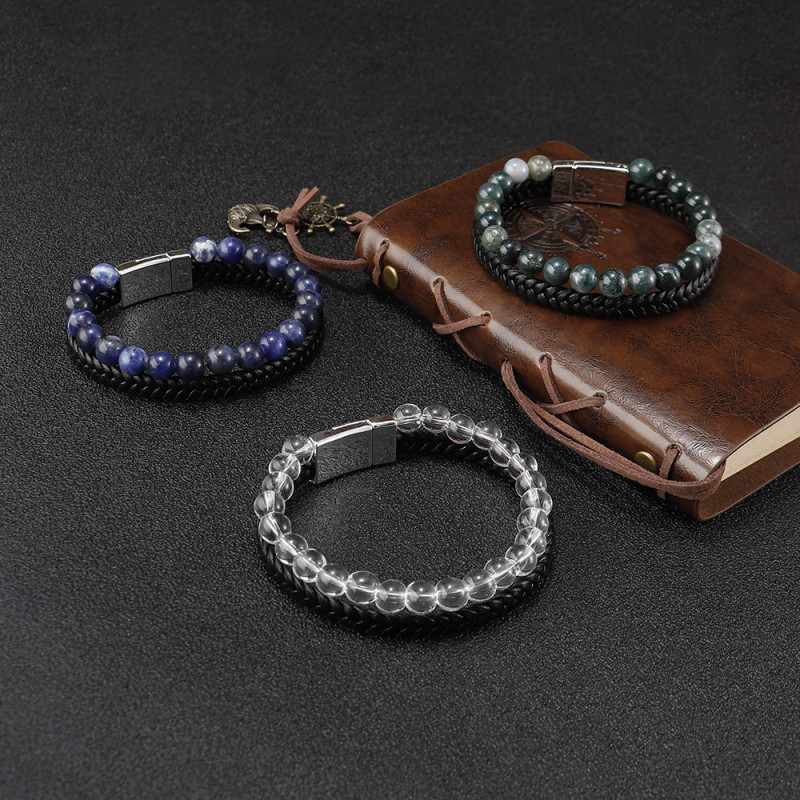 European and American Cross-Border Simple Leather Tiger Eye Beaded Natural Stone Bracelet Wholesale European and American Men's Cowhide Rope Agate Bracelet