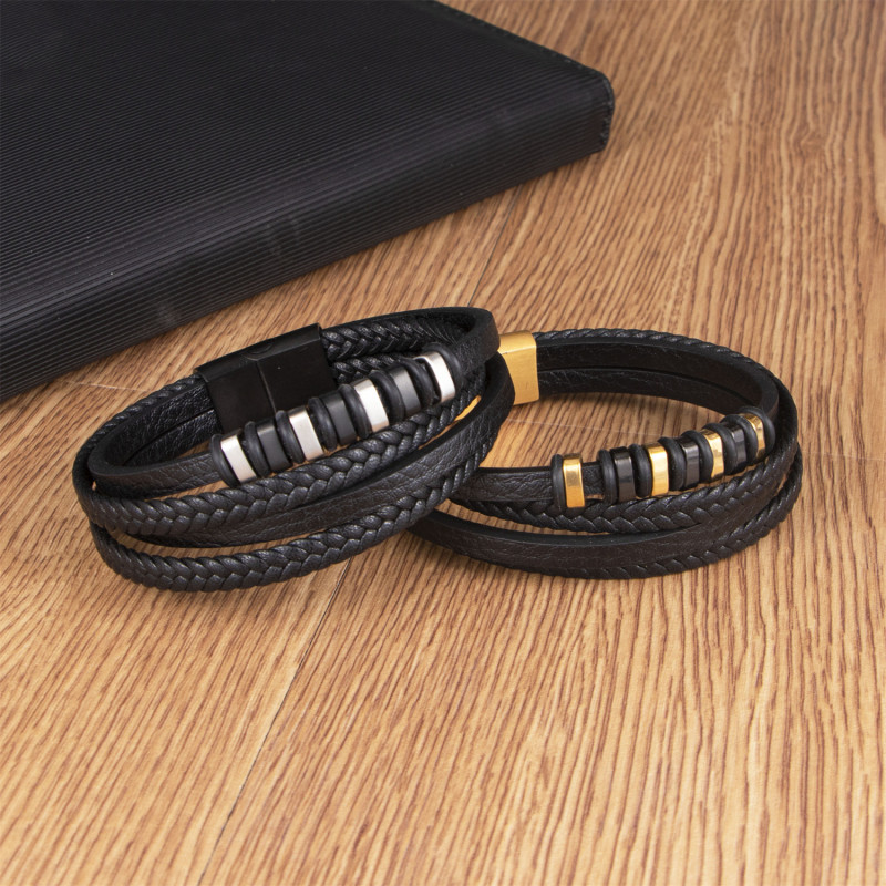 New Simple Men's Multi-layer Bracelet Bohemian Style Microfiber Leather Woven Bracelet Stainless Steel Magnetic Clasp Jewelry