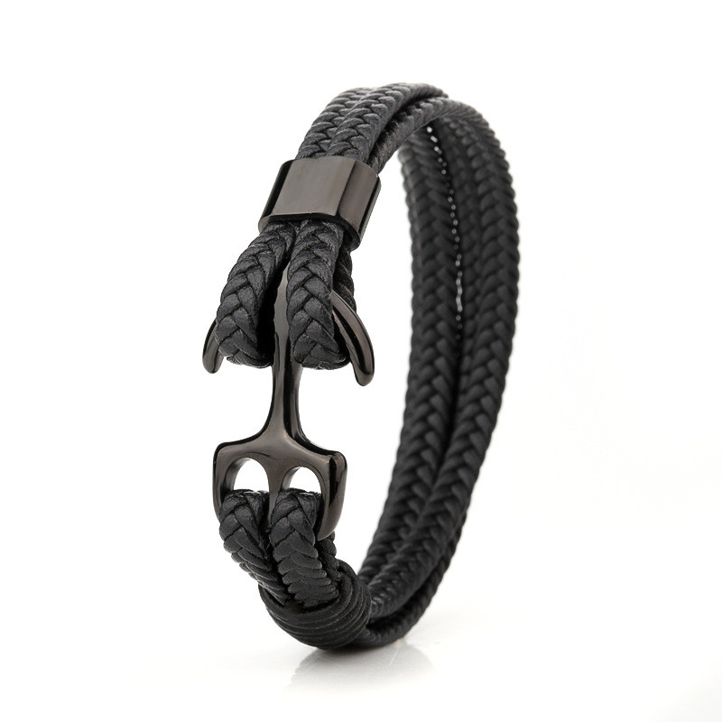 Cross-Border Retro Stainless Steel Men's Bracelet Multi-Layer Leather Microfiber Woven Titanium Steel Anchor Magnetic Bracelet Jewelry