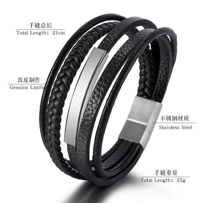 Cross-Border Hot Fashion Stainless Steel Bracelet Men's Hip-Hop Titanium Steel Leather Bracelet Multi-Layer Hand-Woven Hand Jewelry