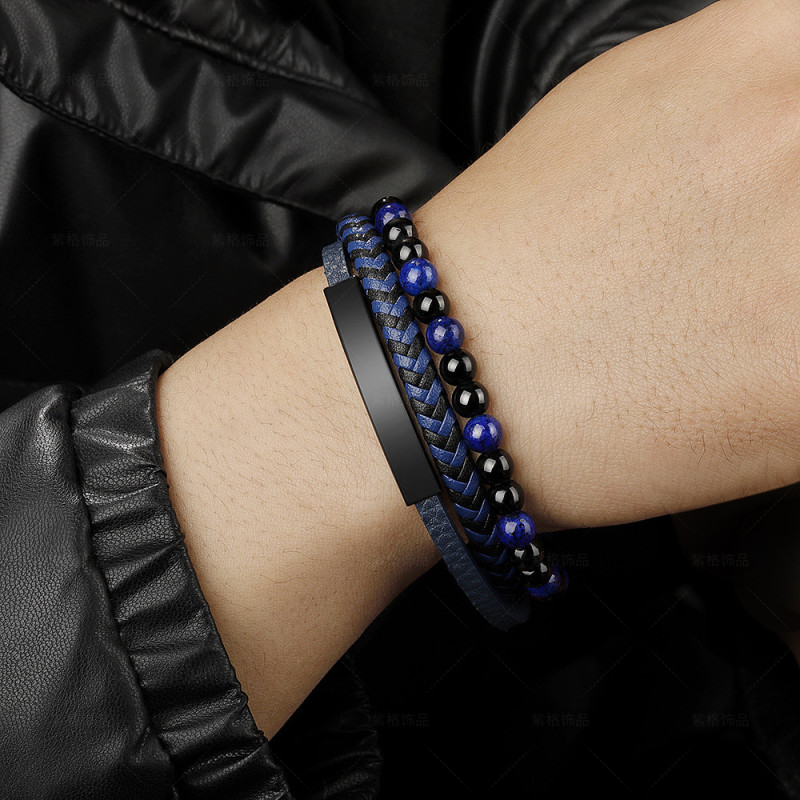 Cross-Border Leather Rope Natural Stone Volcanic Stone Stainless Steel Men's Bracelet European and American Style Titanium Steel Jewelry