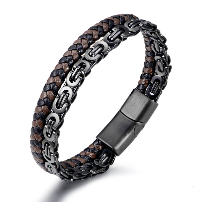 Amazon New Stainless Steel Chain Thick Chain Braided Double Layer Leather Bracelet Men's Hip Hop Fashion Bracelet In Stock