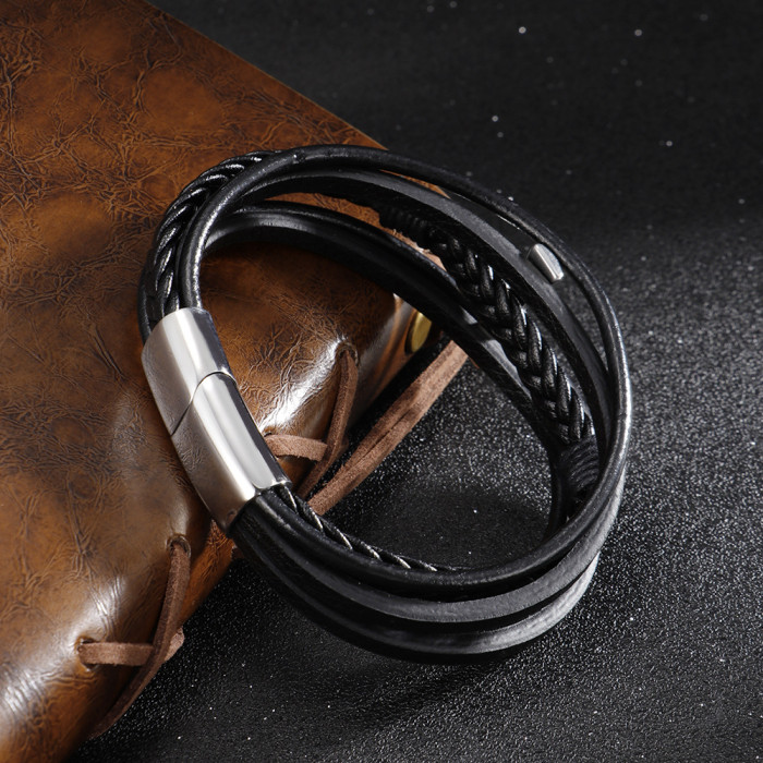 Cross-Border Hot Selling Multi-Layer Hand-Woven Cowhide Rope Stainless Steel Cross Bracelet Men's Titanium Steel Magnetic Clasp Bracelet