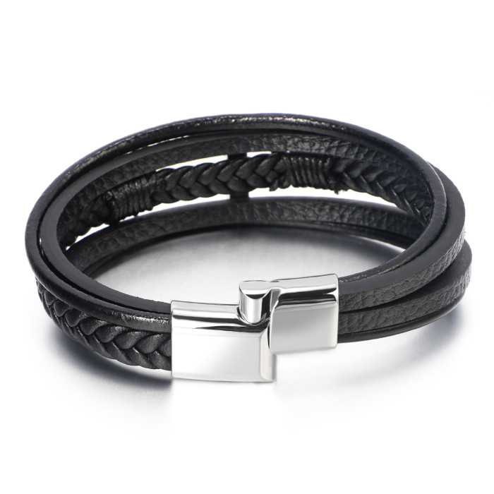 Hot Sale Cross Leather Bracelet Men's Multi-Layer Handmade Braided Rope Magnetic Buckle Leather Bracelet