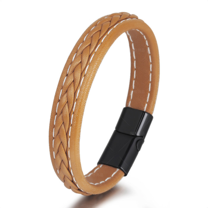 Cross-Border European and American Men's Bracelet Cowhide Handmade Original Niche Couple Simple Woven Leather Alloy Bracelet in Stock