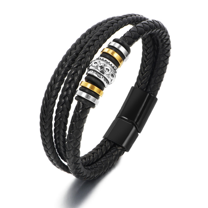 Amazon Cross-Border Handmade Three-Layer Woven European and American Style Leather Bracelet Men's Fashion Alloy Beaded Bracelet Wholesale