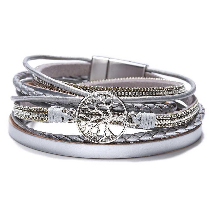 Cross-Border New Bracelet for Women Bohemian Style Freshwater Pearl Tree of Life Creative Retro Magnetic Clasp Leather Bracelet