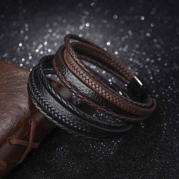 Cross-border E-commerce European and American Style Braided Multi-layer Bracelet Vintage Leather Bracelet Men's Simple Hand Jewelry Wholesale