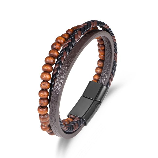 Simple Fashion Men's Bracelet European and American Style Leather Wood Bead Bracelet Alloy Magnetic Clasp Men's Handmade Woven Bracelet