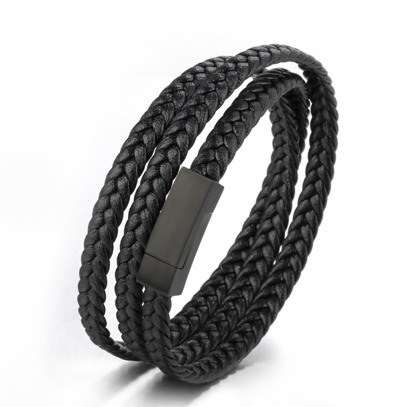 New Arrival Amazon Multi-layer Hand-woven Braided Rope Titanium Steel Leather Bracelet Stainless Steel Magnetic Clasp Bracelet In Stock