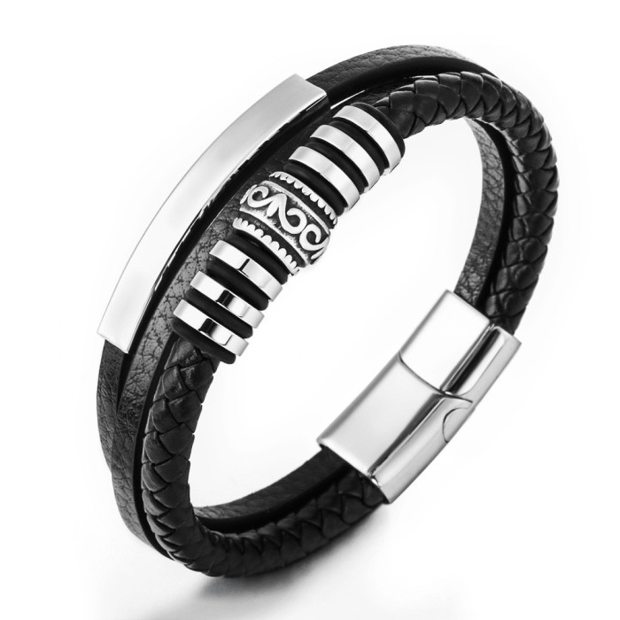 Amazon Cow Leather Woven Stainless Steel Bracelet Men's Titanium Steel Bangle Jewelry New Arrival Accessories