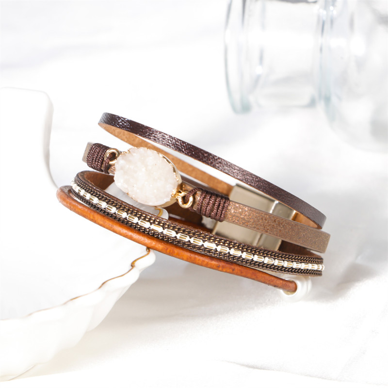 Bohemian Women's Bracelet Cross-Border Multi-Layer Spliced Leather Bracelet European and American Fashion Versatile Diamond-Studded Magnetic Clasp Bracelet