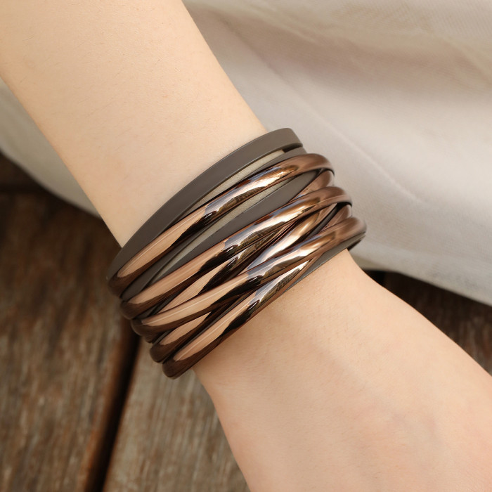 Style High-End PU Multi-Layer Leather Woven Bracelet for Women with Sequin Interlaced Design and Magnetic Clasp, In Stock