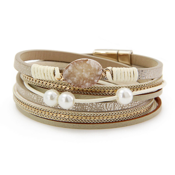 New Product Magnetic Titanium Alloy Leather Rope Woven Pearl Crushed Stone Women's Bracelet Accessories Jewelry Bangle