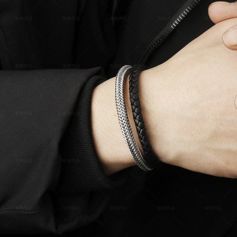 2021 New Amazon Steel Wire Double Layer Braided Stainless Steel Bracelet Leather Bracelet Men's Titanium Alloy Bracelet