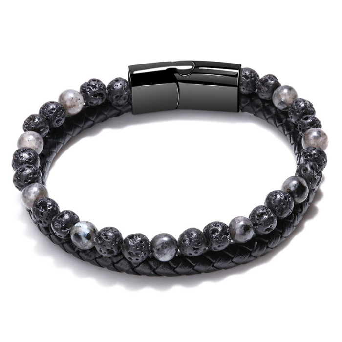 Simple Handwoven Leather Natural Tiger Eye Stone Bracelet Handwoven Volcanic Stone Beaded Men's Bracelet in Stock
