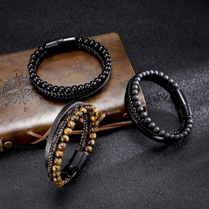 Amazon Stainless Steel Natural Tiger Eye Stone Bracelet Beaded Men's Handmade Woven Agate Bracelet Export Jewelry