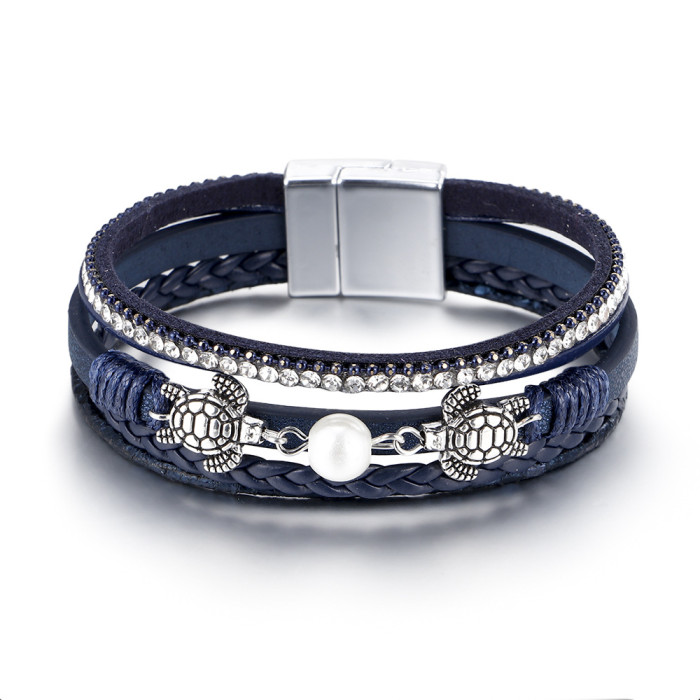 Amazon Ethnic Style Pearl Turtle Magnetic Clasp Women's Bracelet Wholesale Multi-layer PU Leather Woven Bracelet in S...
