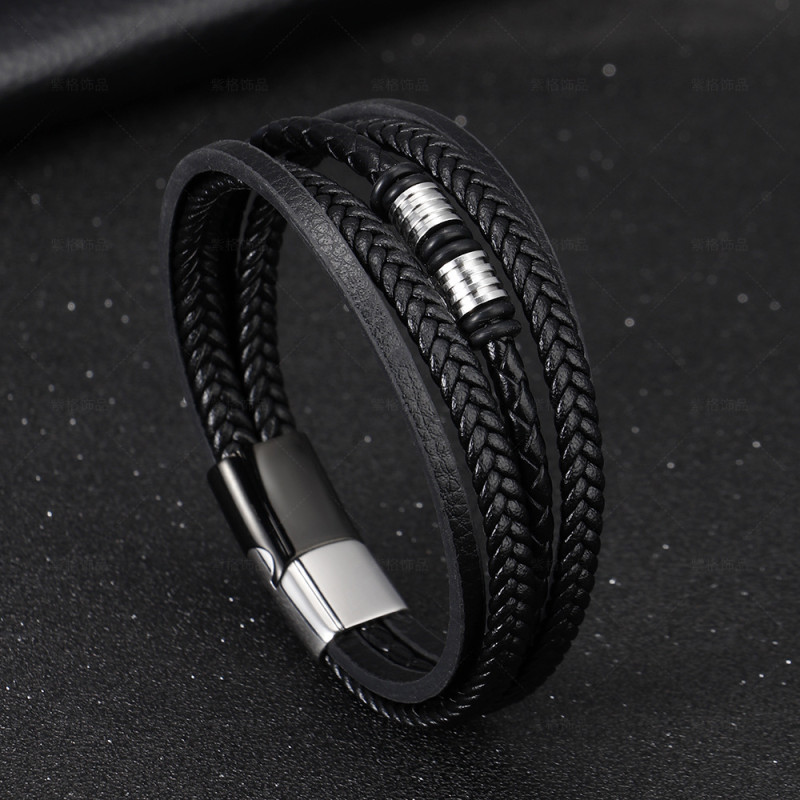 Cross-border E-commerce New European and American Style Men's Stainless Steel Leather Bracelet Multi-layer Hand-woven Titanium Steel Bangle In Stock
