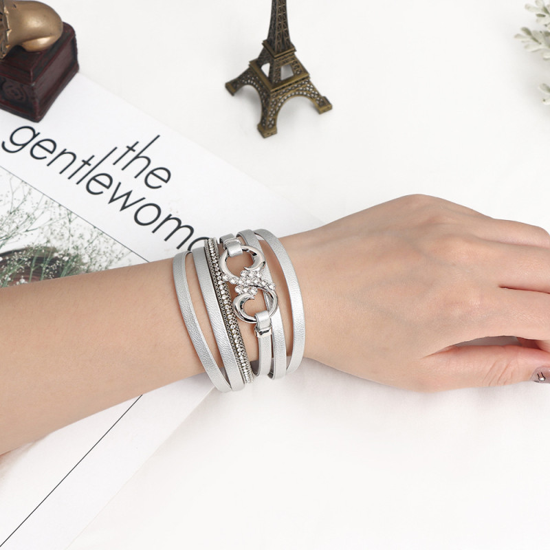European and American Fashion Multi-layer PU Leather Leopard Print Bracelet for Women Wireless Symbol Inlaid Diamond Geometric Bangle Cross-border Jewelry In Stock
