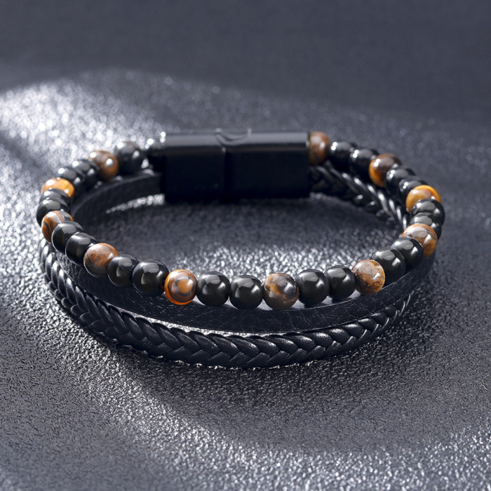 Simple Handwoven Leather Natural Tiger Eye Stone Bracelet Handwoven Volcanic Stone Beaded Men's Bracelet in Stock