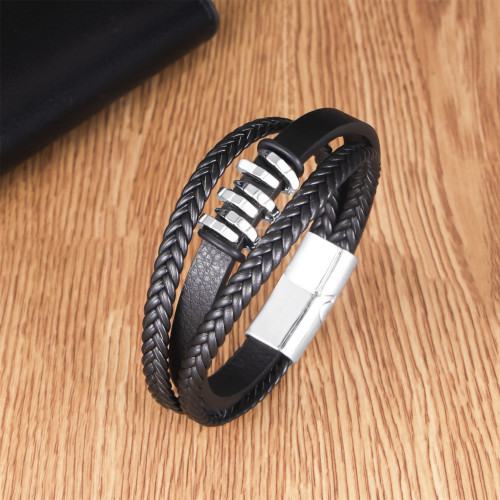 New Simple Multi-layer Woven Leather Bracelet Personality Punk Style PU Fashion Men's Alloy Magnetic Clasp Bracelet